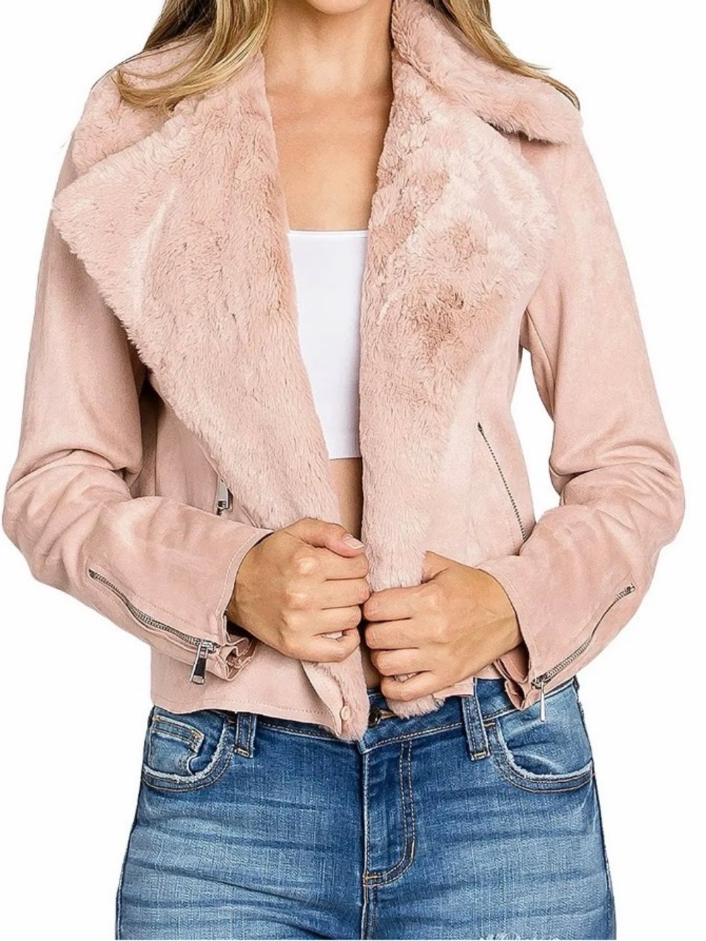 Haute Monde Blush Pink Shearling-Trim Leather Jacket